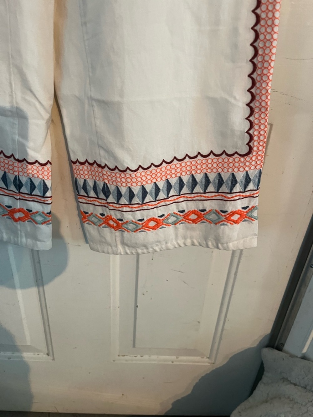 Anthropologie Cream Pants with Coral & Navy Embroidered Trim - Picture 2 of 6